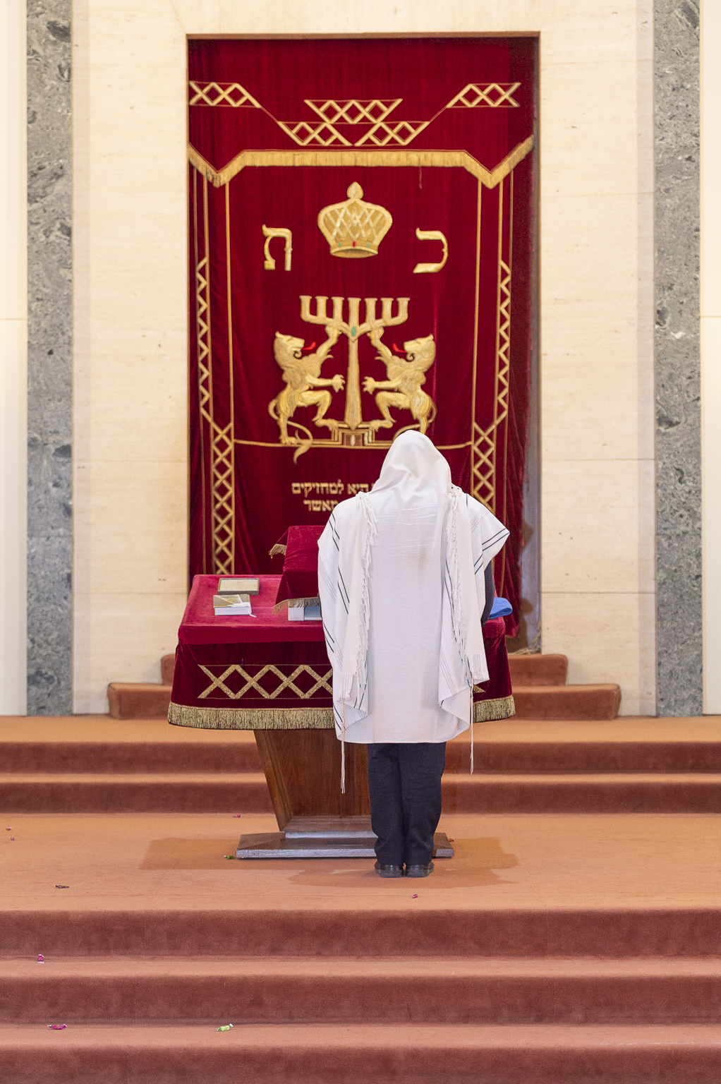 Jeune homme drapé de son talit priant de dos devant la parokhet de l'Arche sainte dans la synagogue